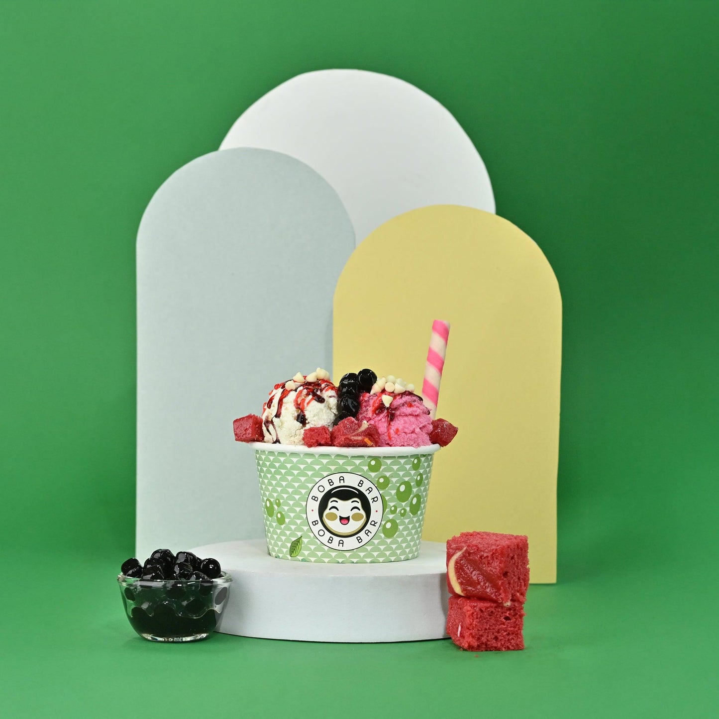 Red Velvet Brownie Boba Sundae with Cream Cheese Drizzle - Boba Bar